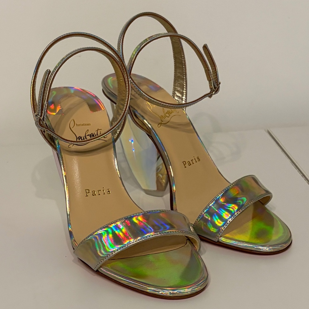 NWT Christian Louboutin Gold Sandals with Iridescent Rainbow Heels (sz 36)